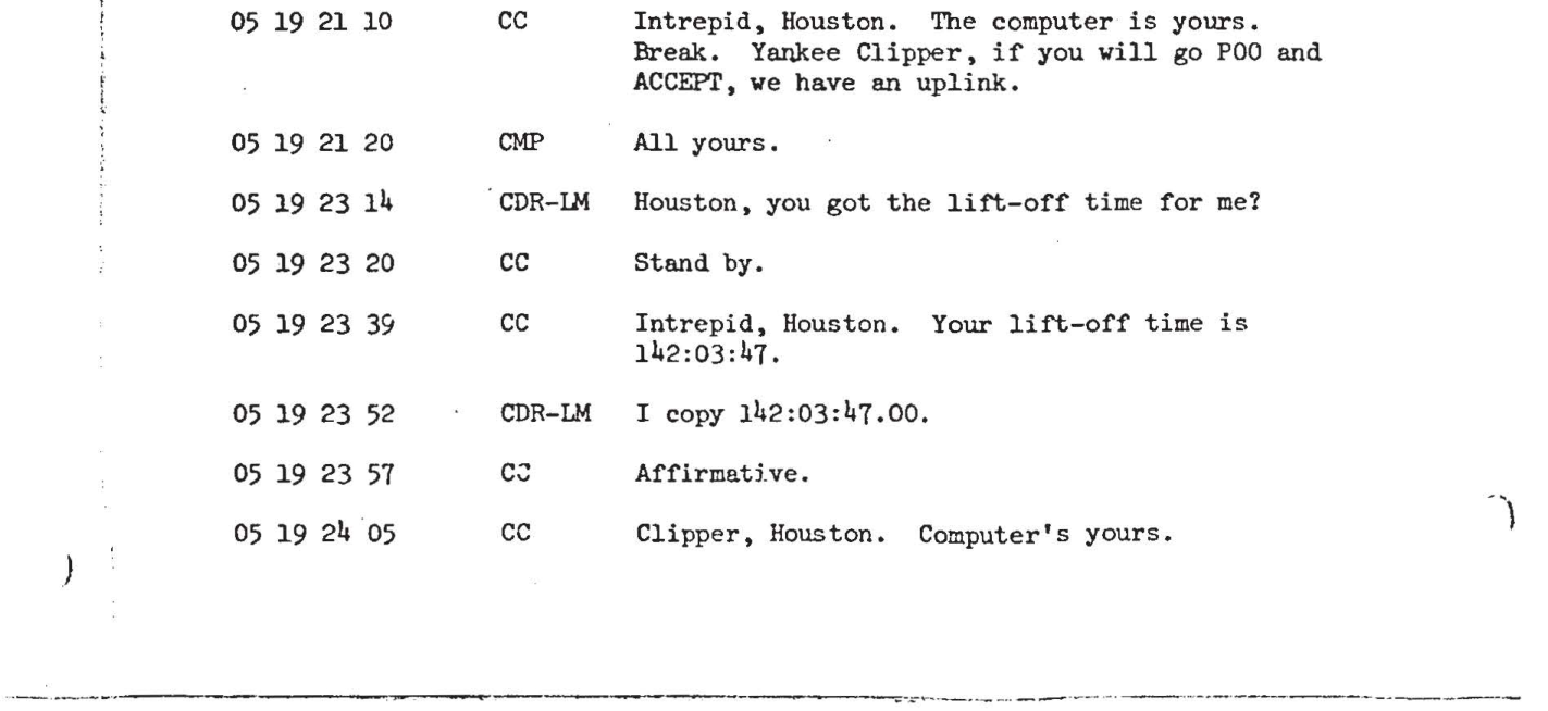 Cropped block from Apollo 12 transcript with 'water boiler / press off at the stars' lines