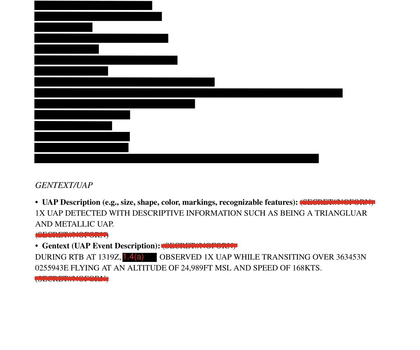 Crop of Mediterranean UAP report - triangular and metallic UAP description visible amid heavy redactions