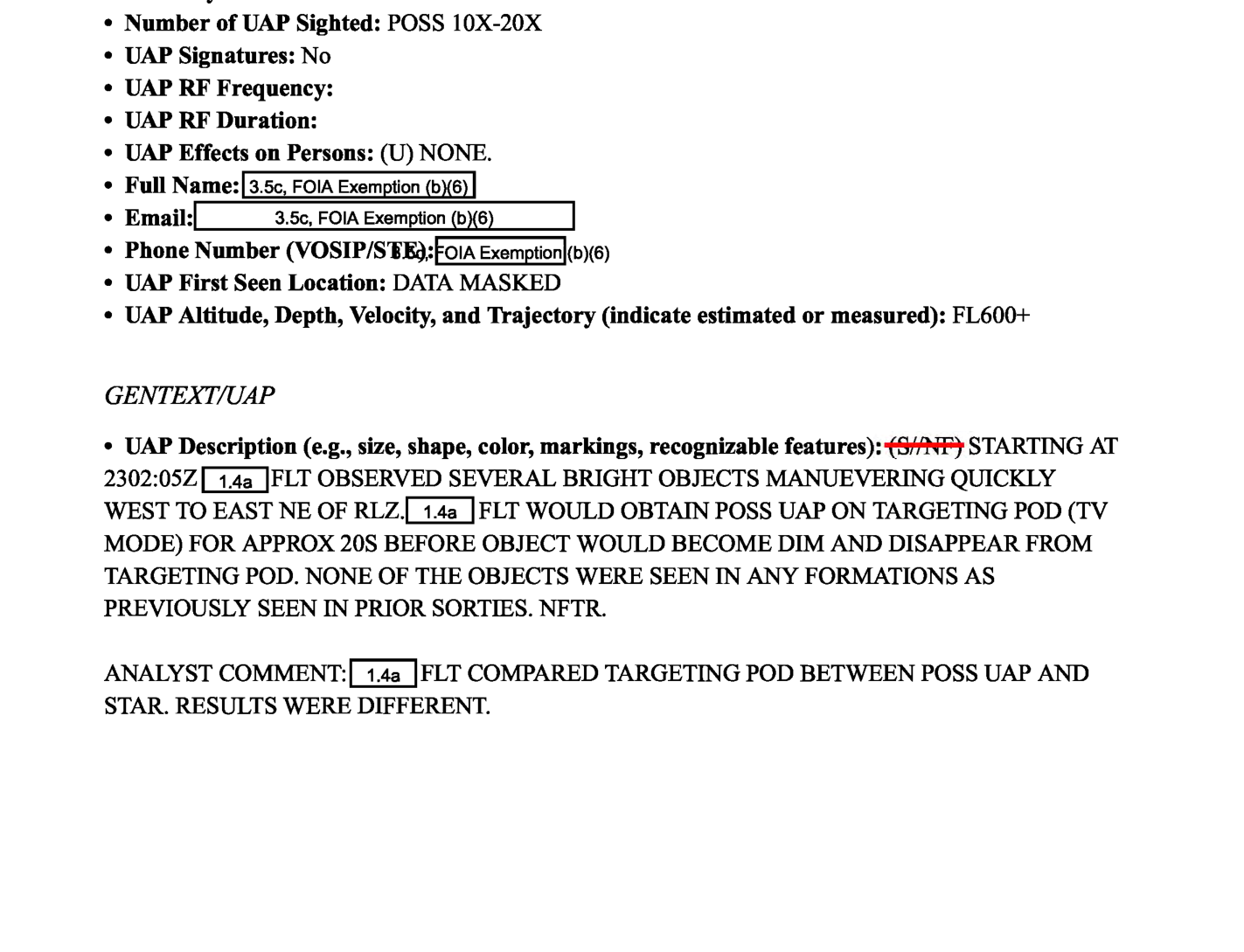 Crop of UAP description from Southern US mission report