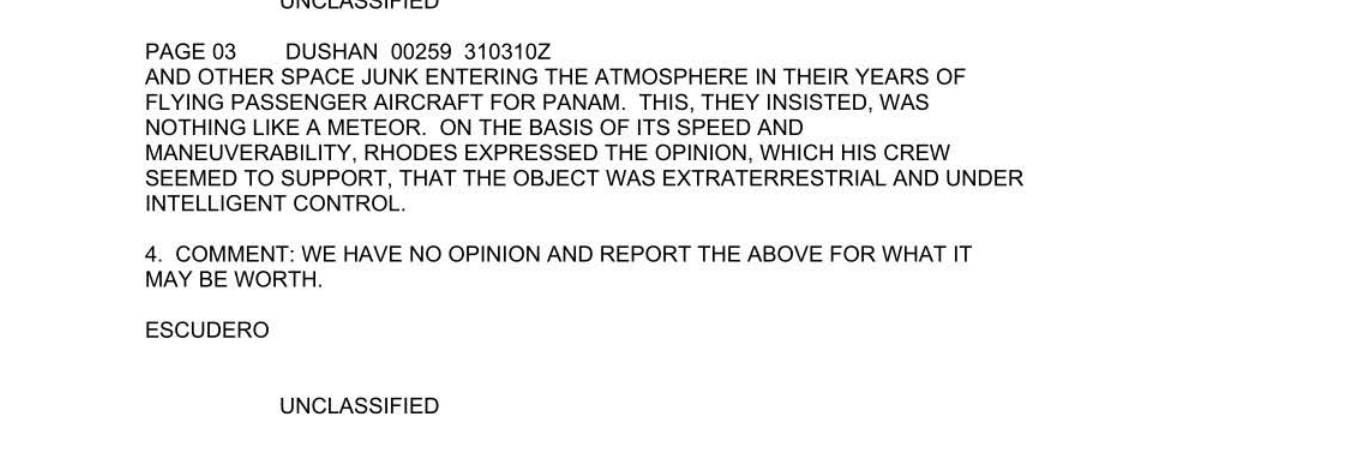 Cropped paragraph from Tajik Air cable showing the 'extraterrestrial and under intelligent control' line