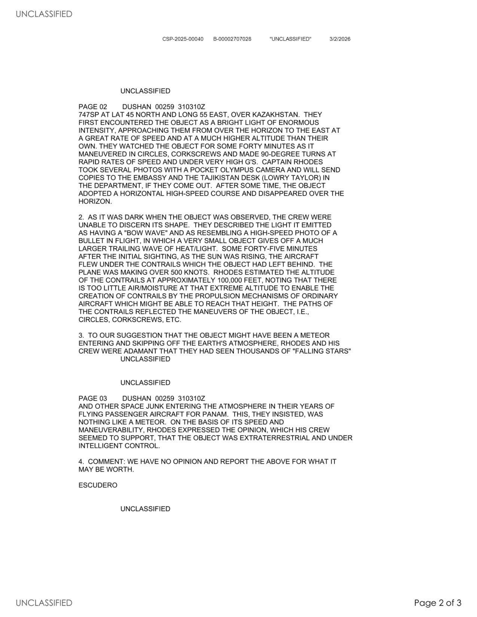 Tajik Air UFO cable from US Embassy Dushanbe to Washington, January 1994 - page 2 of 3 with the famous 'extraterrestrial and under intelligent control' line in paragraph 3