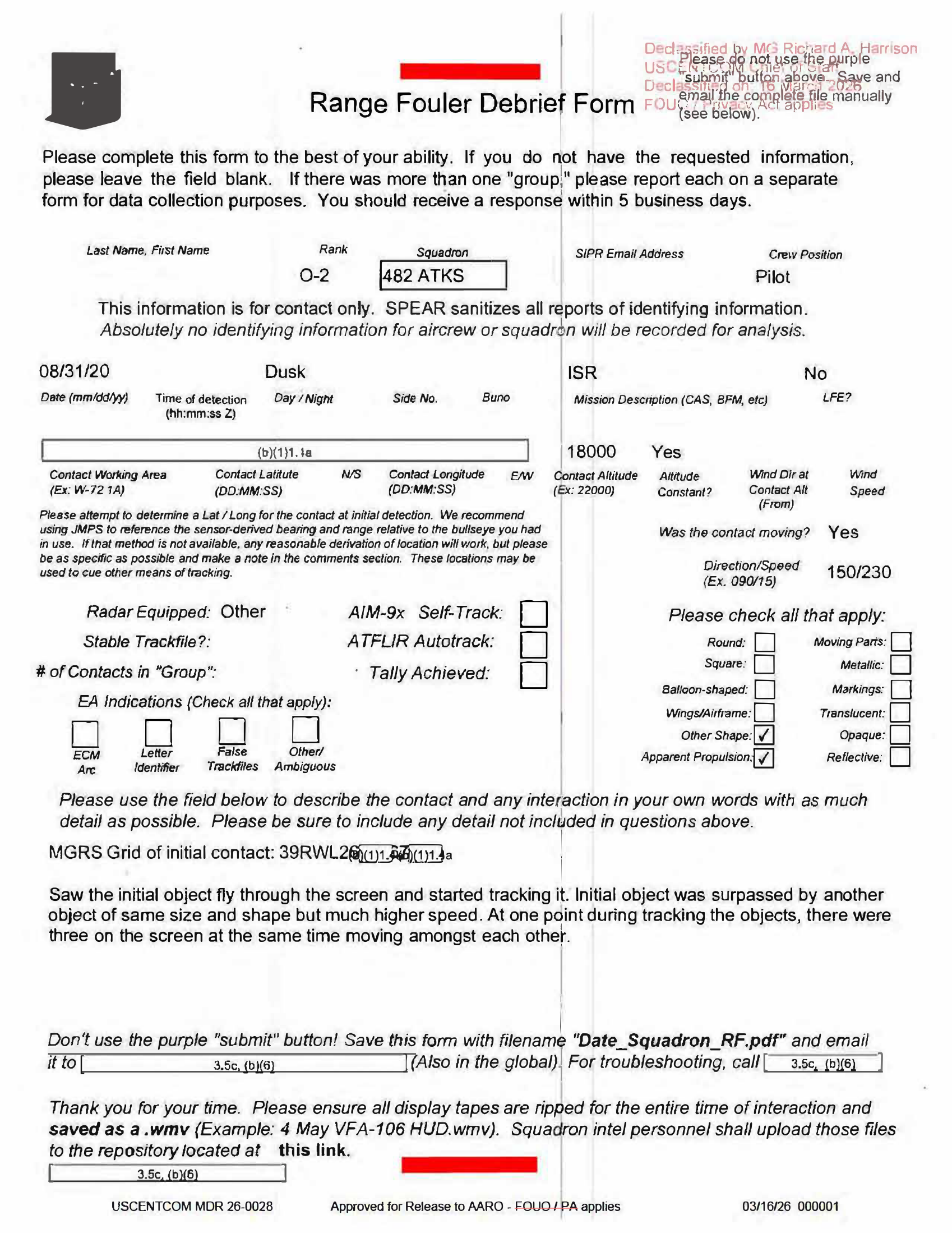 Range Fouler Debrief Form filled out by 482 ATKS pilot in Japan AOR August 2020 with handwritten direction speed 150/230 and narrative describing three UAPs on screen moving among each other