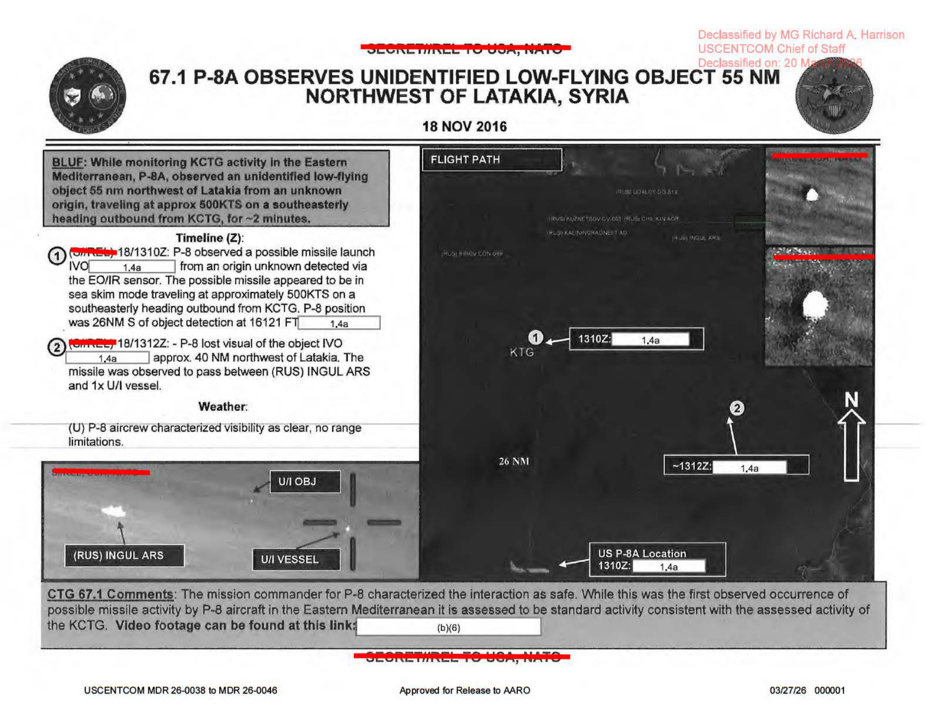 P-8A Poseidon mission report 67.1 from November 2016 with flight path map and two EO/IR sensor frames showing UI OBJ and U/I VESSEL labels northwest of Latakia Syria