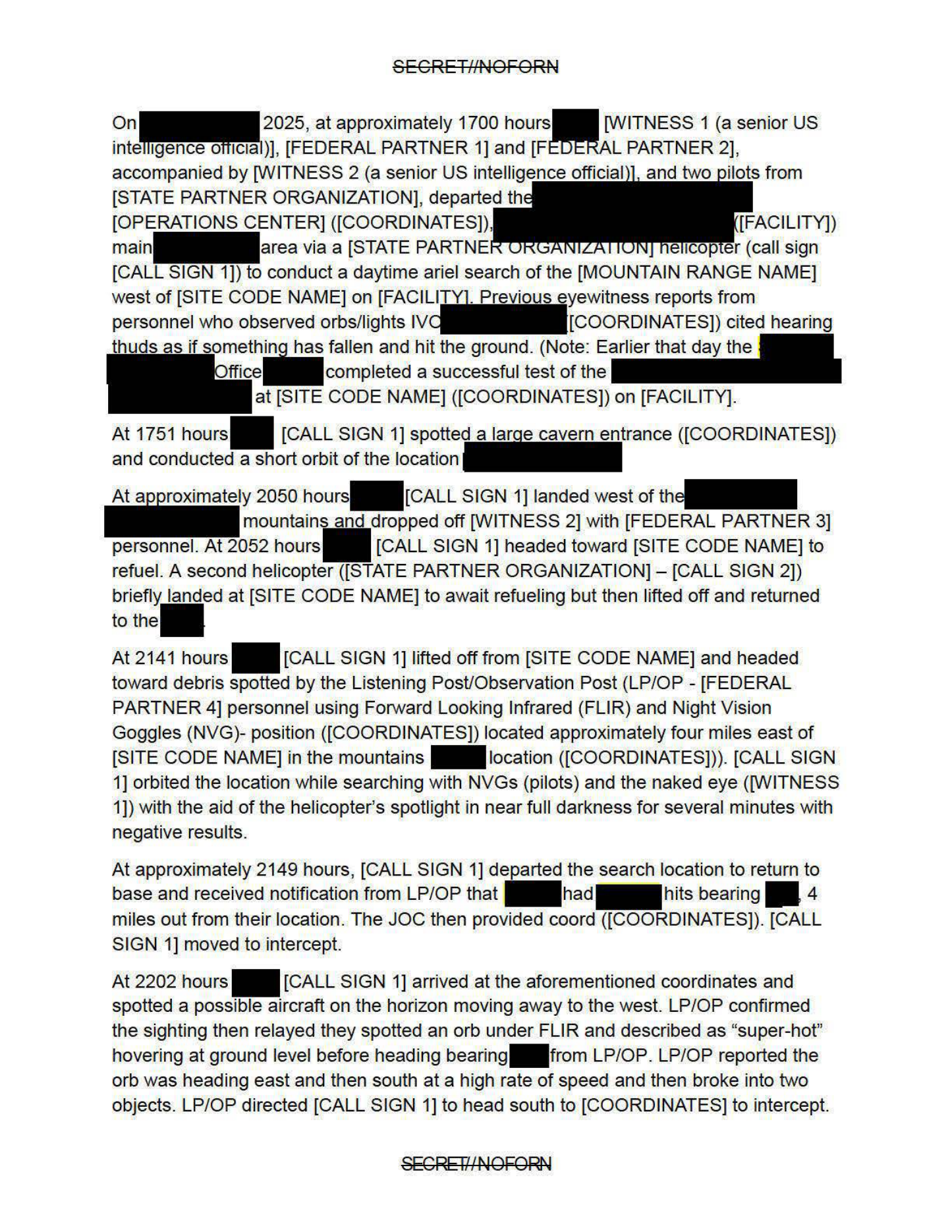FBI USPER witness statement describing federal helicopter pursuit of orbs in 2025 - minute-by-minute timed log preserved while names and coordinates are heavily redacted under FOIA exemption b6