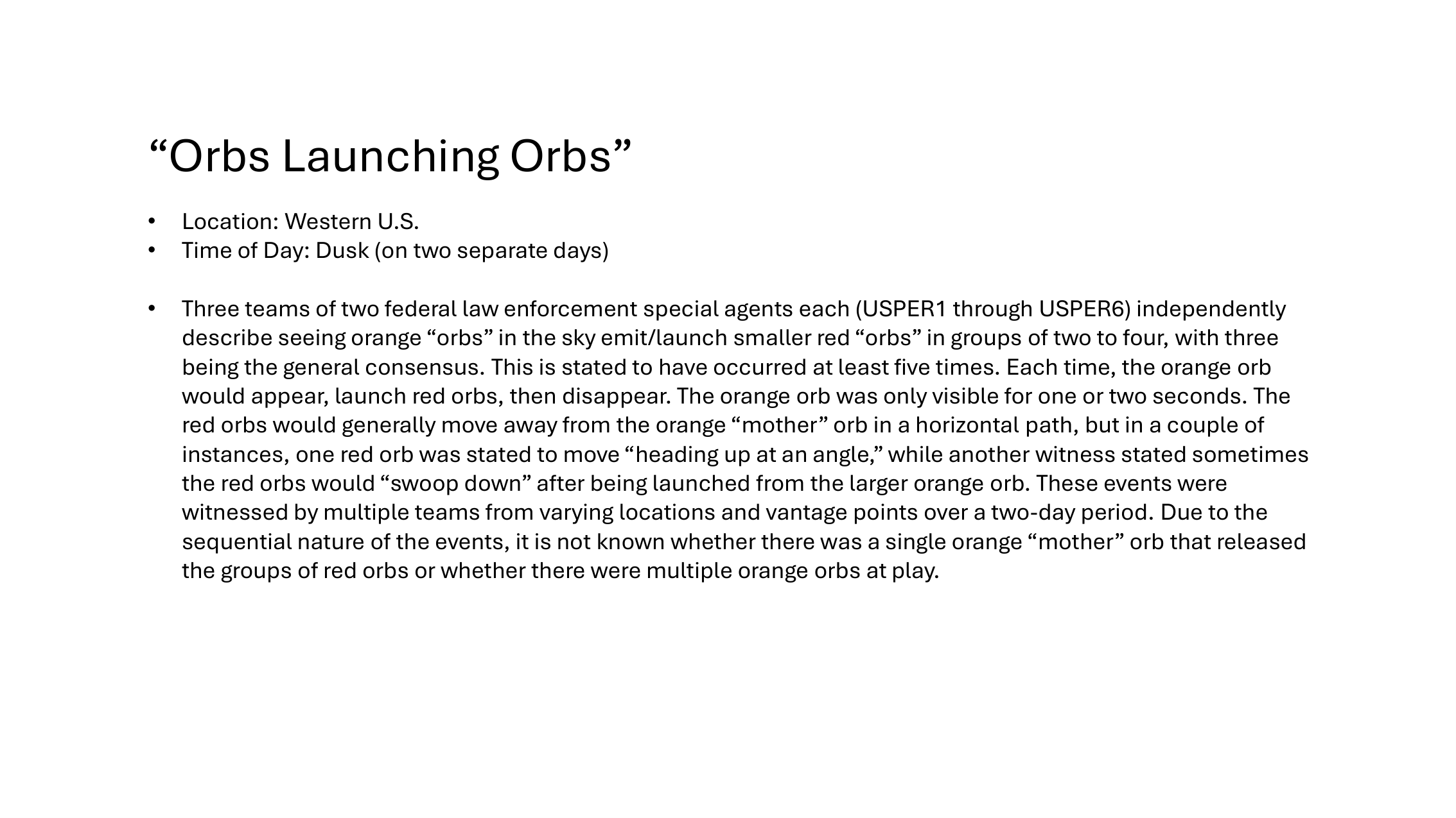 FBI briefing slide 1 of 4 titled Orbs Launching Orbs, describing three independent two-person teams of federal agents observing orange mother orbs ejecting red orbs over two days at dusk in the Western US