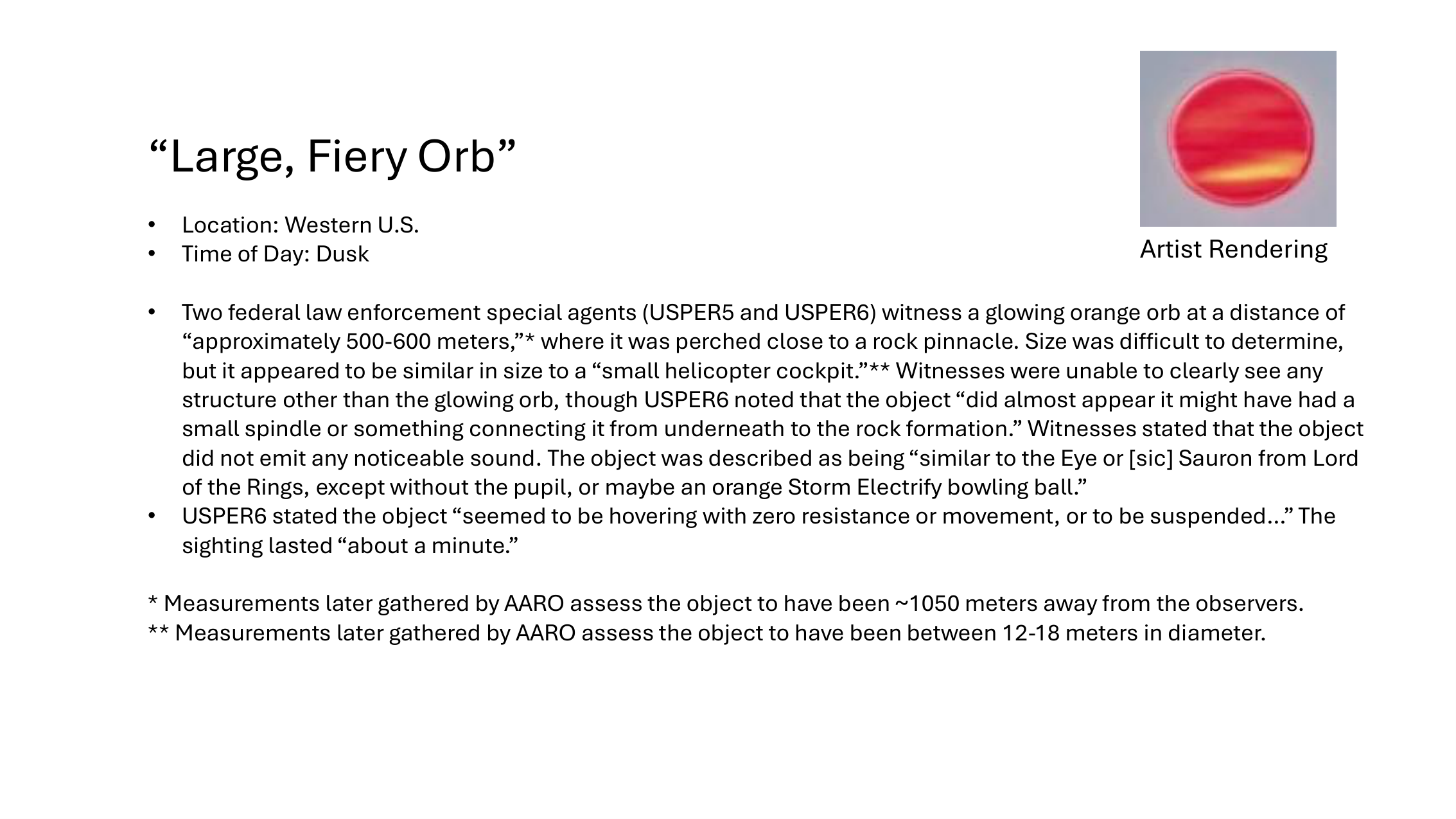 FBI briefing slide showing the Large Fiery Orb sighting in Western United States with artist rendering of the orange spherical object