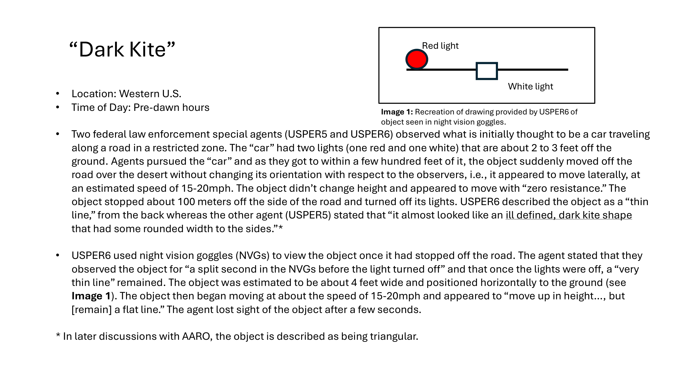 FBI briefing slide 3 of 4 titled Dark Kite showing a recreation diagram of a four-foot horizontal pole with red and white lights at each end hovering above the ground in Western US restricted zone
