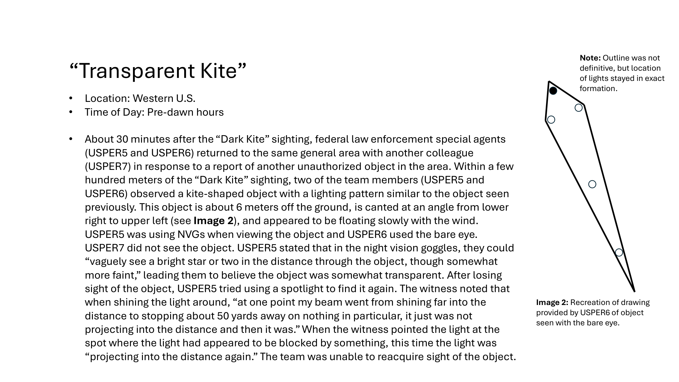 FBI briefing slide 4 of 4 titled Transparent Kite showing recreation diagram of a kite-shaped object 6 metres above the ground with light formation, partially transparent and visible against the night sky in Western US