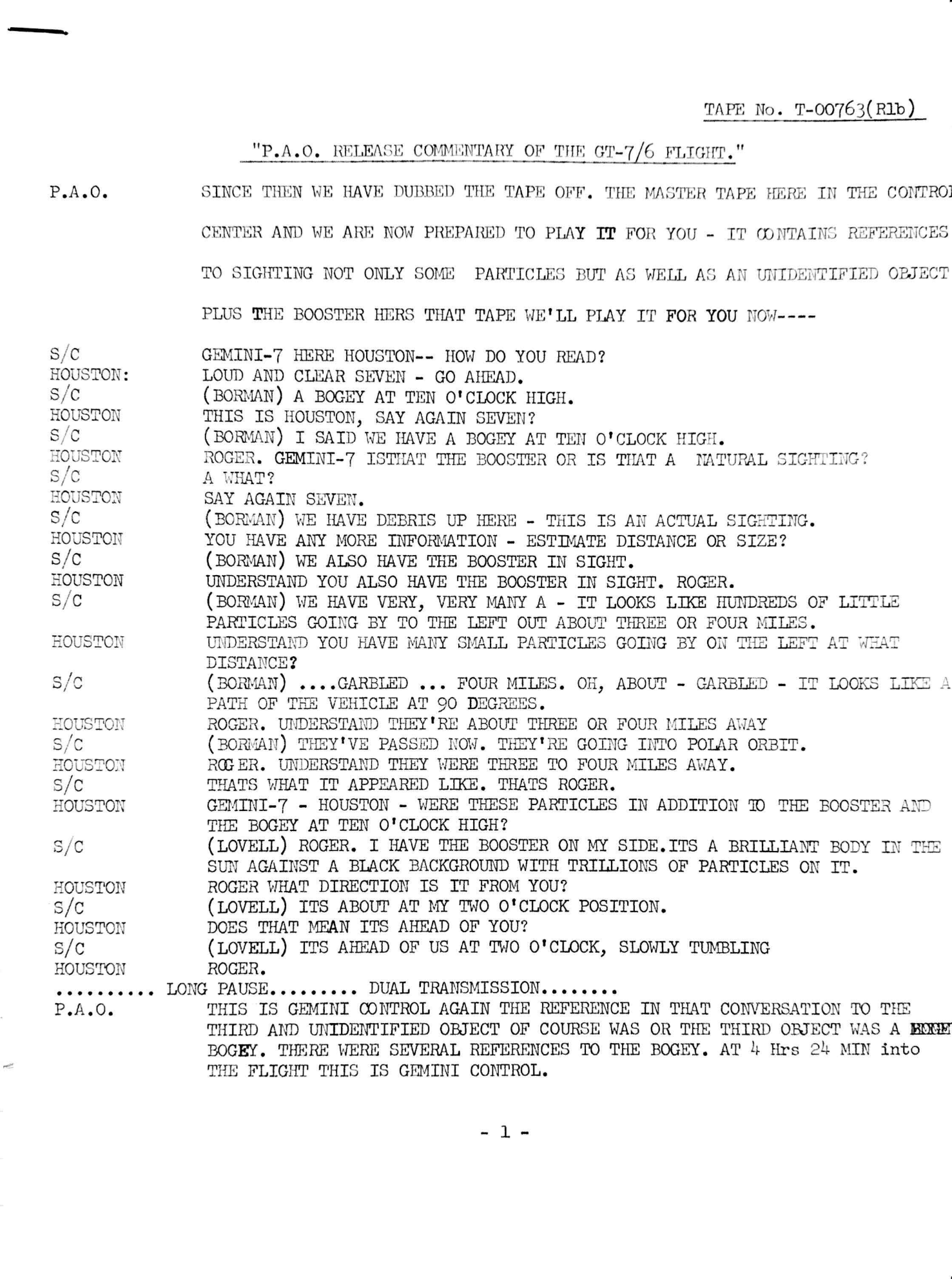 NASA Gemini 7 / 6 air-to-ground transcript with the bogey at ten o'clock high quote in the original mimeograph typeface from December 1965