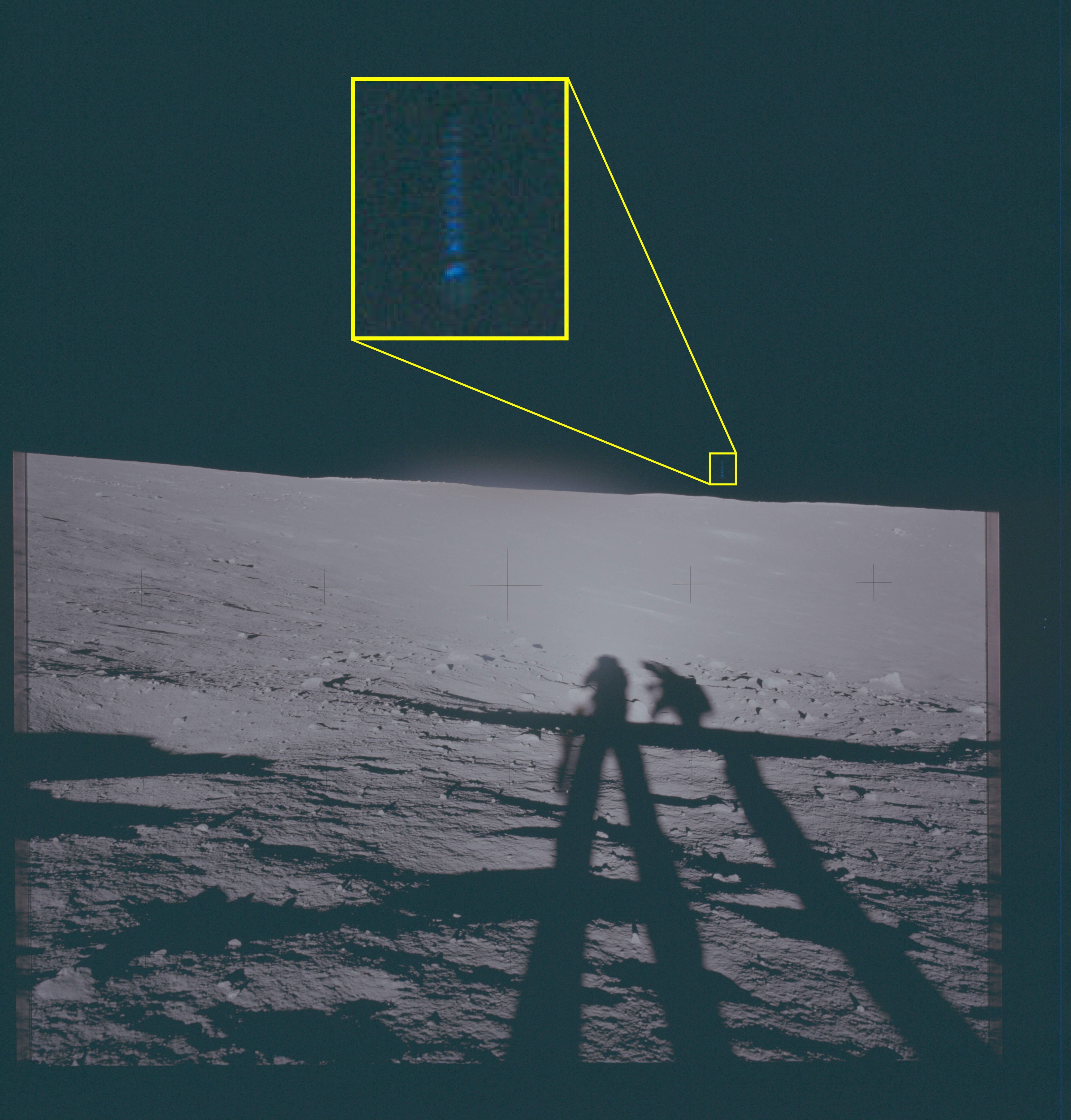Apollo 12 lunar surface photograph VM1, with NASA-drawn yellow inset highlighting a thin vertical streak of blue light above the lunar horizon