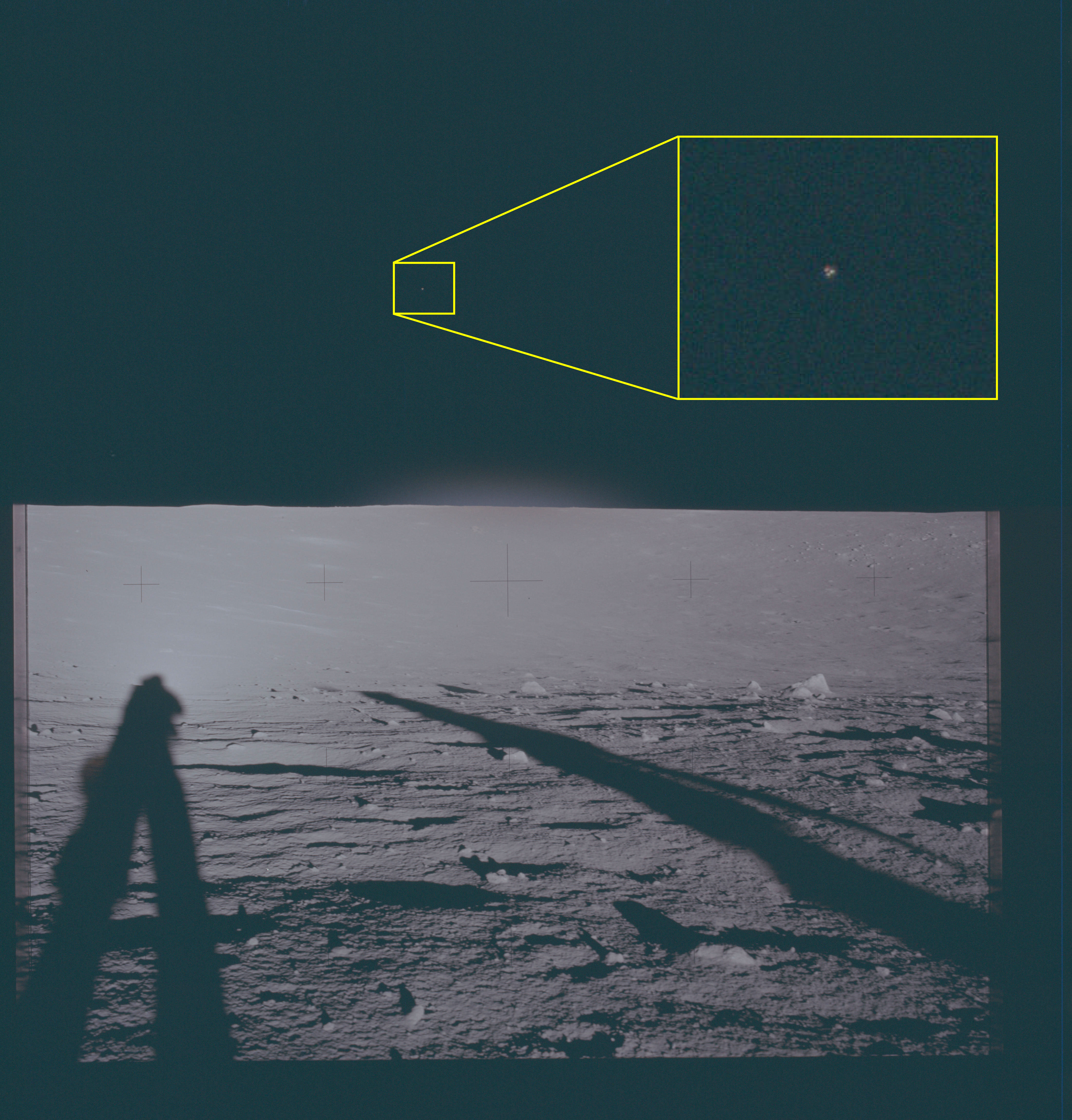 Apollo 12 surface photograph VM4 - fourth frame, wider field of view with astronaut shadow prominent
