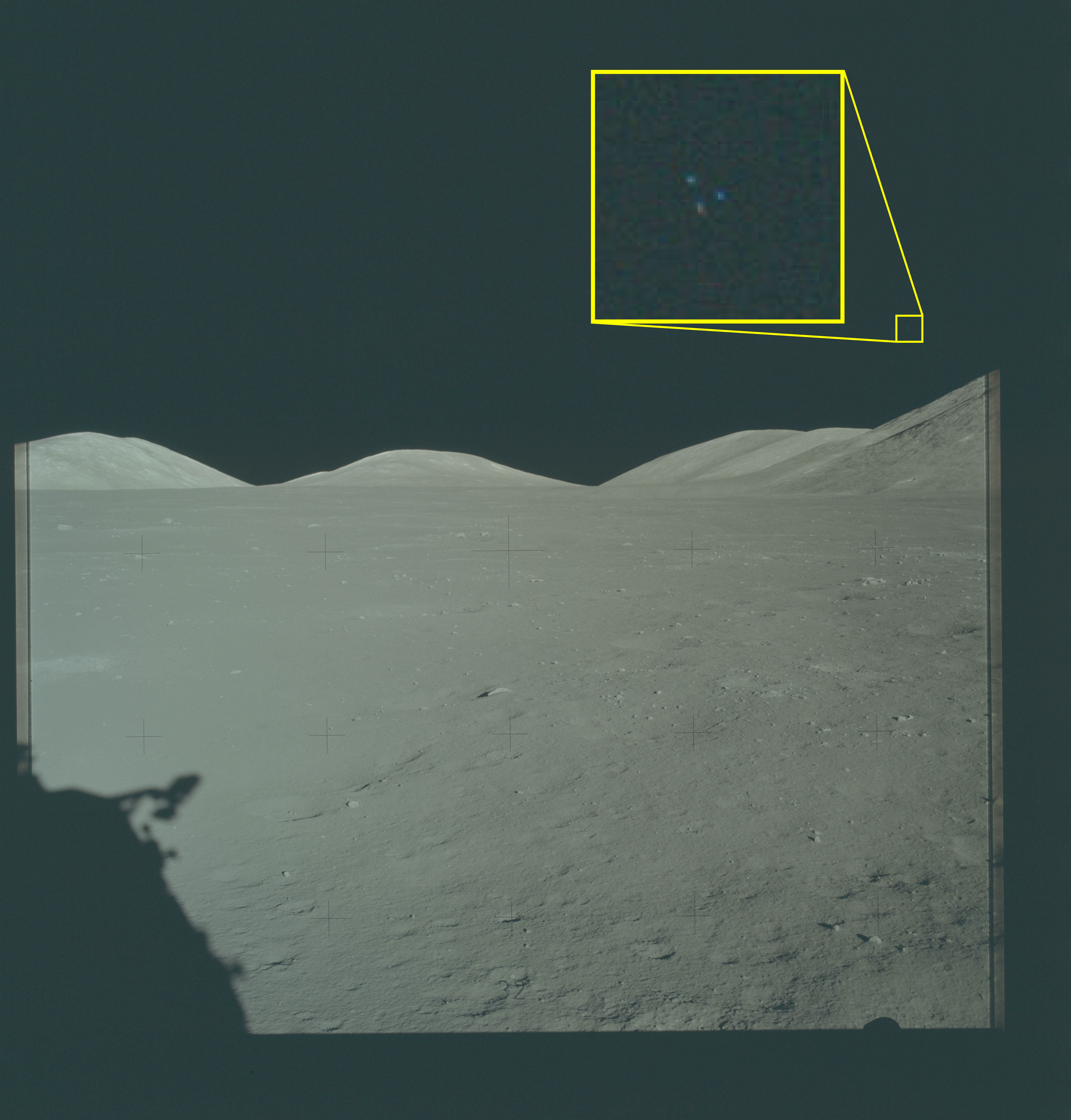 Apollo 17 lunar photograph VM6 from Taurus-Littrow valley with NASA-drawn yellow inset isolating two paired blue points of light against the black sky